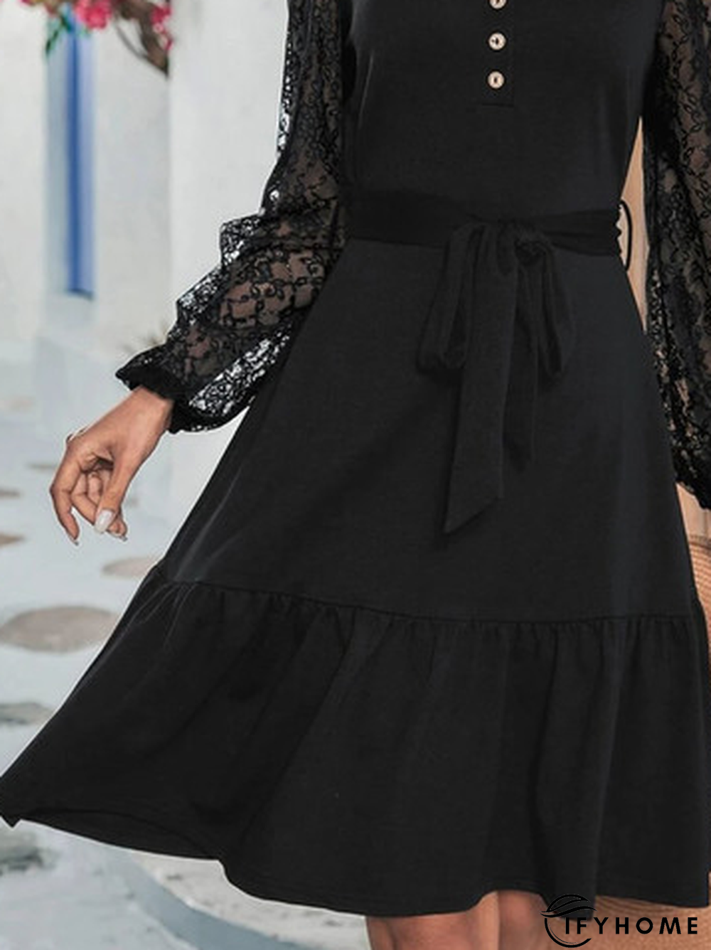 Plain Vacation Notched Loose Patchwork lace Dress | IFYHOME