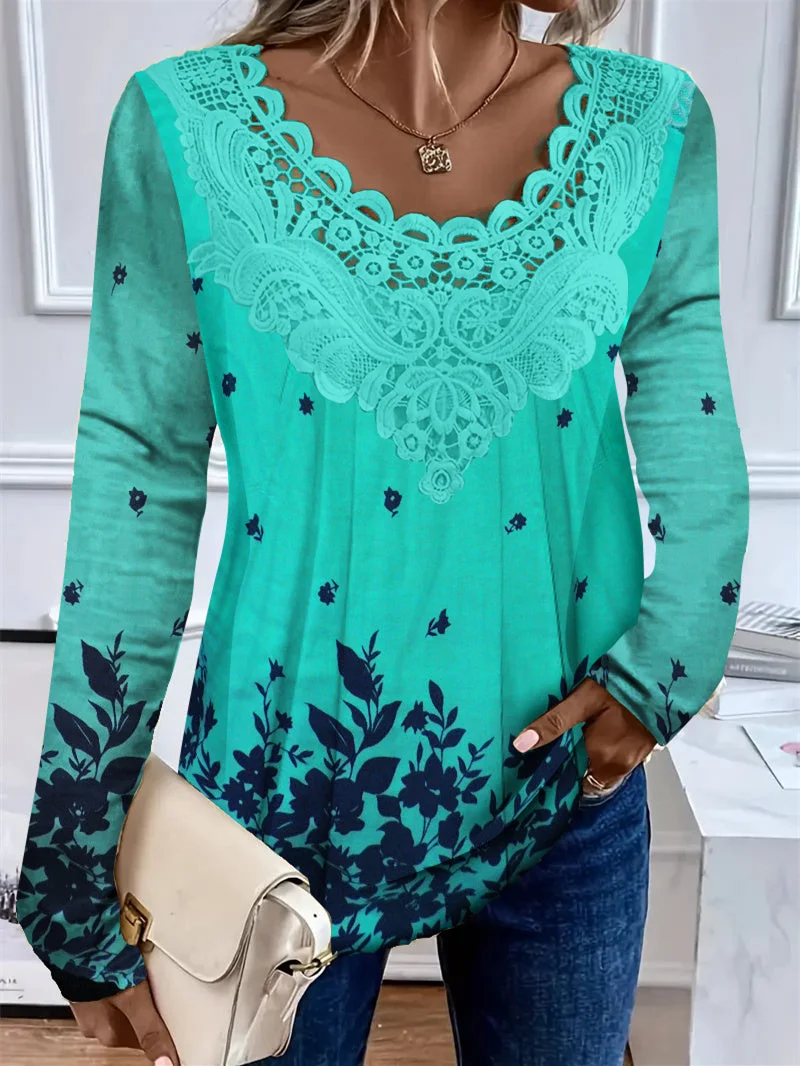 Women's Long Sleeve Scoop Neck Floral Printed Lace Stitching Top