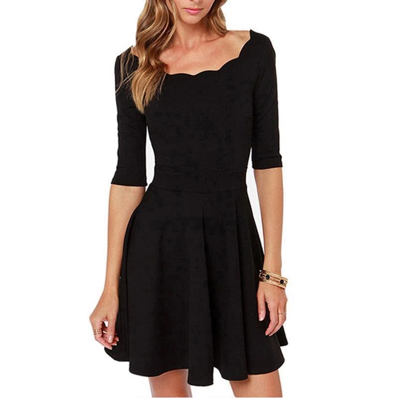 Black Cute Short Sleeve A-line Mini Dress-elleschic