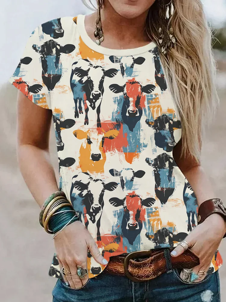 Western Cow Graffiti Print T-Shirt