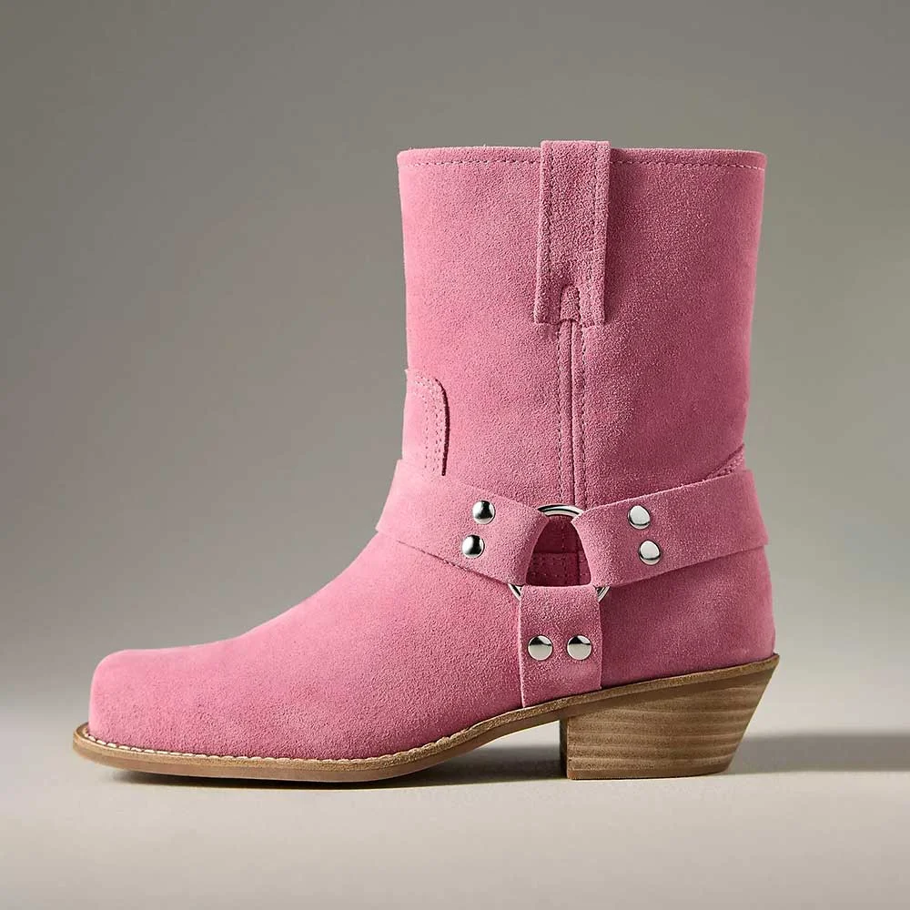 Cute Pink Vegan Suede Studded Ring Square Toe Ankle Boots Women