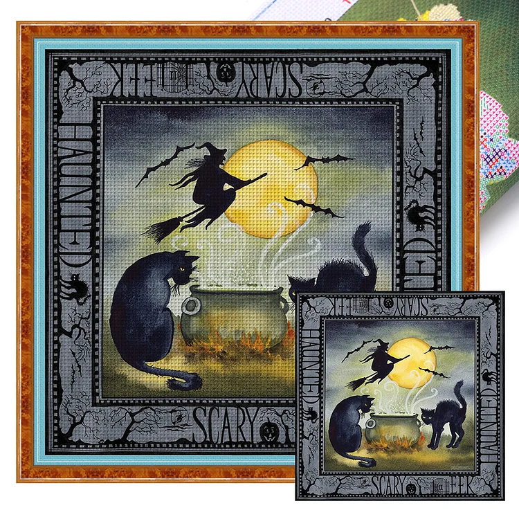 Halloween Skeleton Witch Cat (50*50cm) 11CT Stamped Cross Stitch gbfke