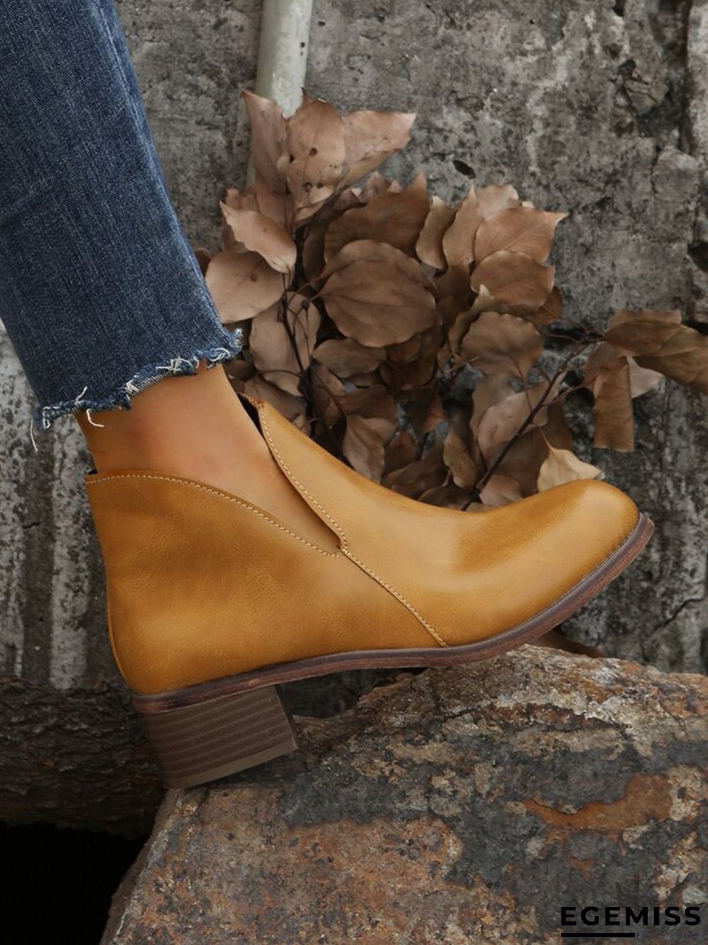 Retro Distressed Polished Color Zipper Thick Heel Pointed Ankle Boots | EGEMISS