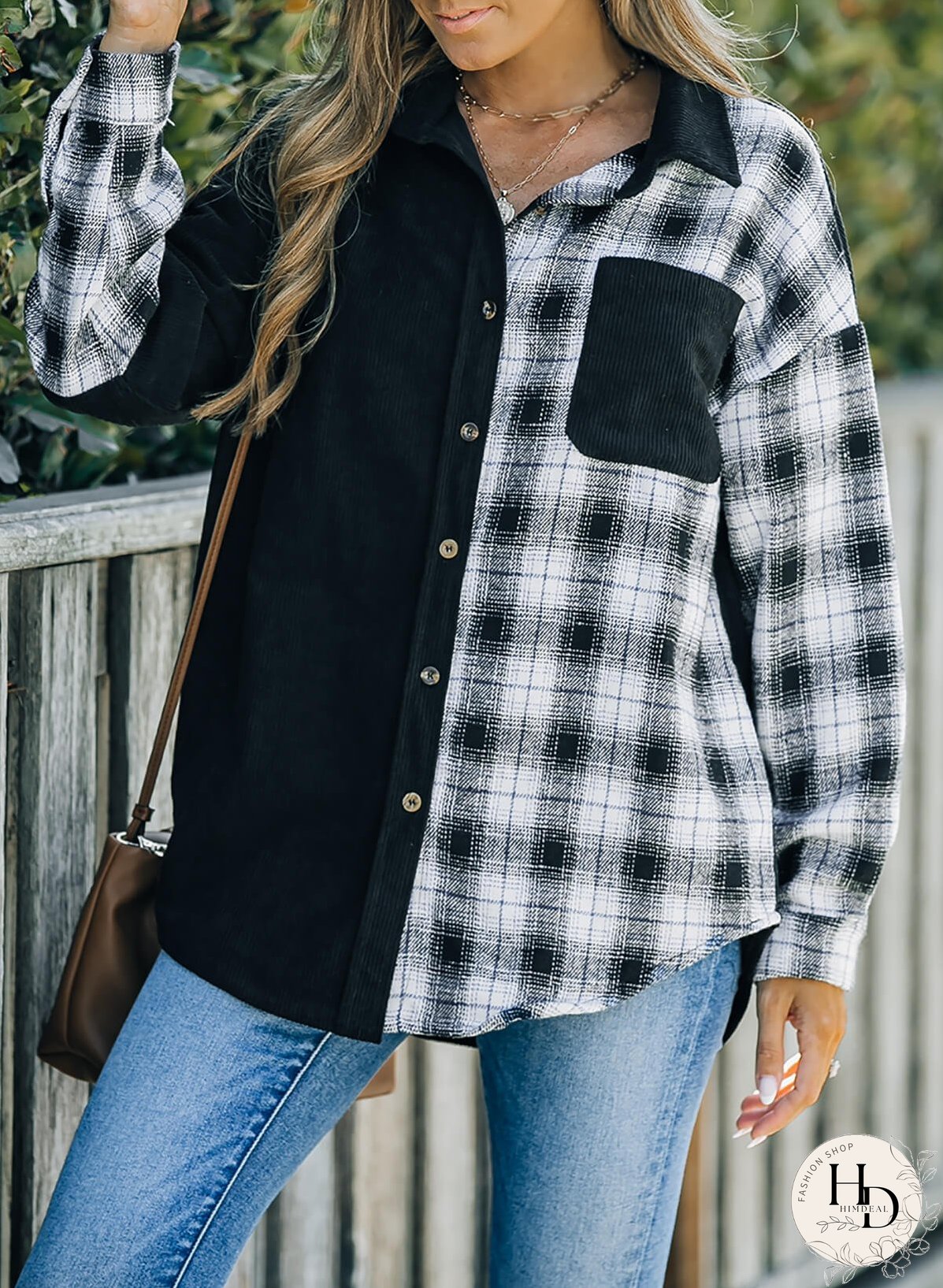 Double Take Plaid Color Block Dropped Shoulder Corduroy Shacket