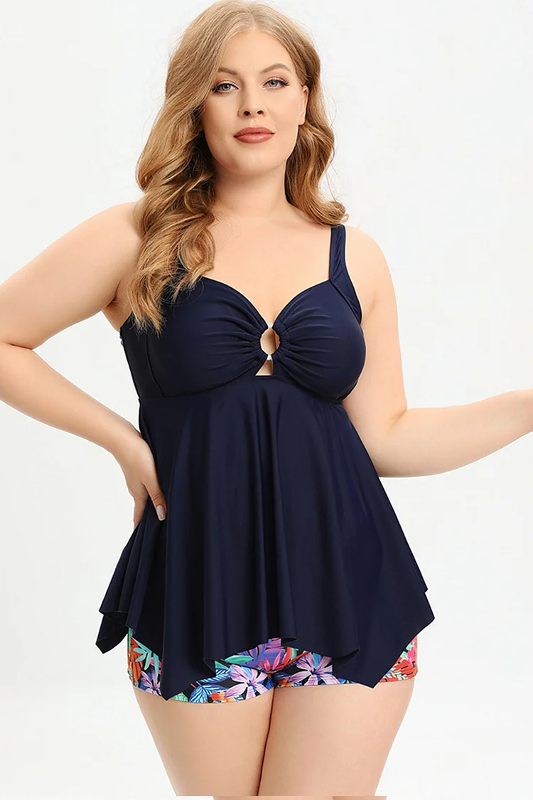 Fashion Dark Blue Plant Floral Leaf Print Flat Angle Trunks Swimwear  Flycurvy [product_label]