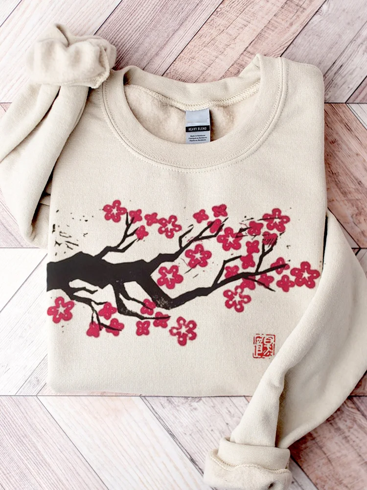 Cherry Blossom Japanese Lino Art Comfy Sweatshirt