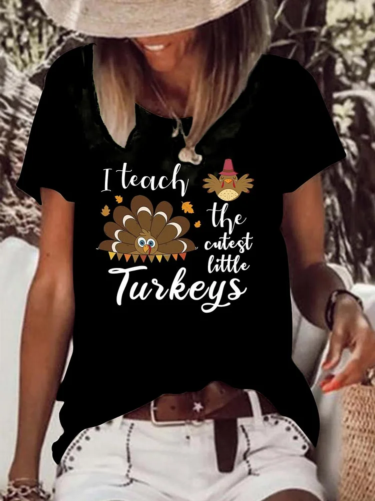 I Teach the cutest little Turkeys Teacher Thanksgiving Raw Hem Tee-Annaletters