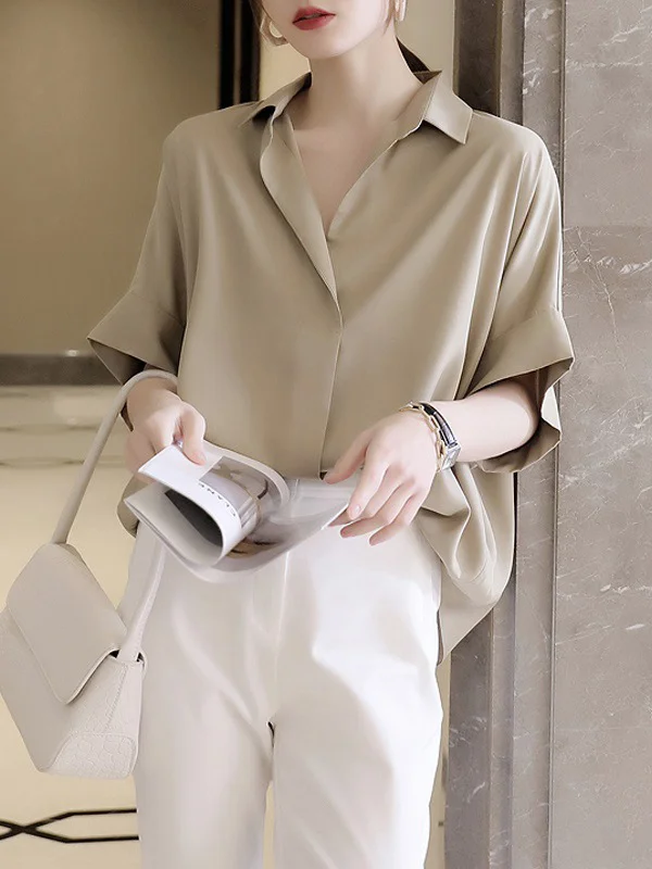 Simple Solid Color Batwing Sleeves Blouse