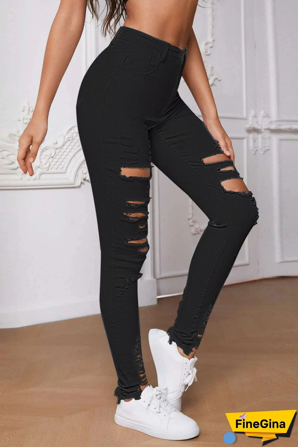 White Casual Solid Ripped Patchwork High Waist Skinny Denim Jeans