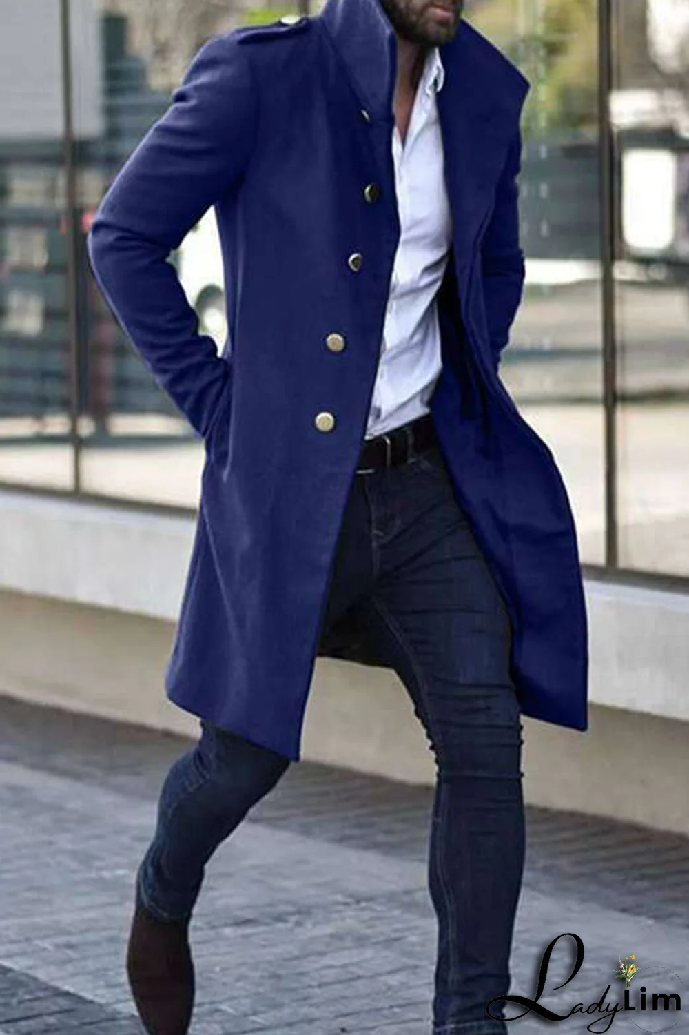 Light Gray Casual Solid Pocket Buckle Mandarin Collar Outerwear