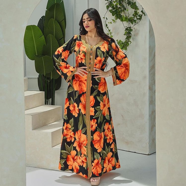 African Americans fashion QFY Muslim Fashion Long Sleeve Kaftan Bohemian Floral Dress Evening Gowns Dubai Turkey Abaya Women Loose Boubou Robe Musulmane Ankara Style QueenFunky