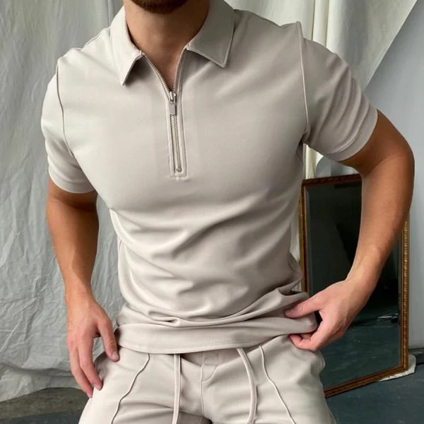 Casual Comfortable Zip Solid Color Short-sleeved Polo Shirt
