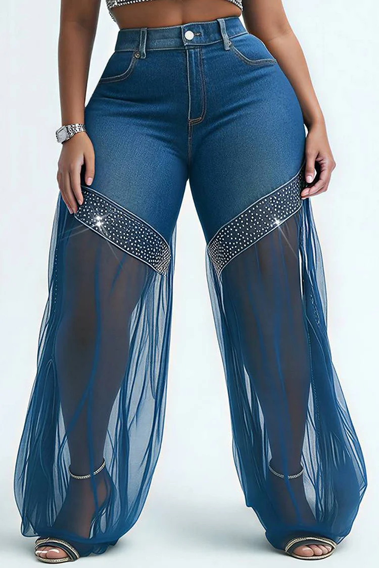 Xpluswear Design Plus Size Party Tulle Blue Drilling See Through Denim Jeans [Pre-Order] 2024 - Xpluswear