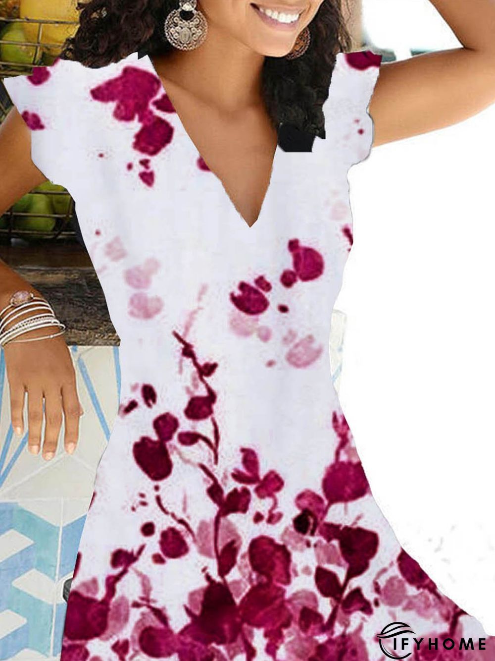 Floral Short Sleeve Printed Cotton-blend V neck Vintage Summer Blue Dress | IFYHOME