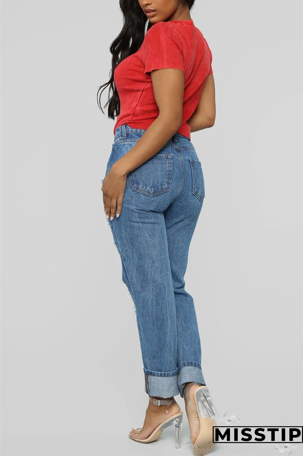 Light Blue Fashion Casual Solid Broken Hole Straight Jeans