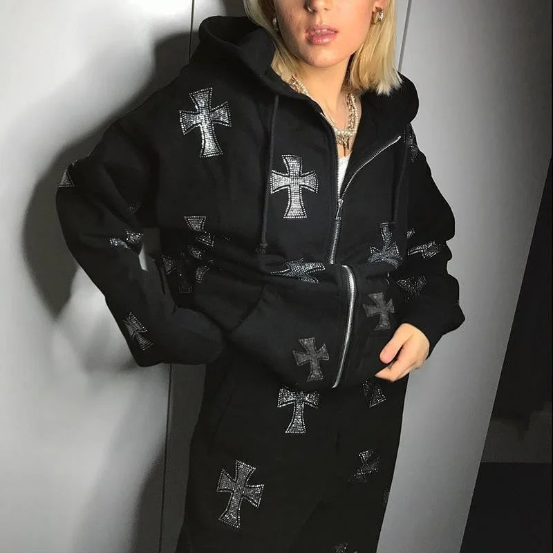 Y2K Fashion Rhinestone Hoodies Women Hip Hop Joggers Sweatshirt Korean Oversized Zipper Sport Coat Ladies Gothic Jacket Pullover