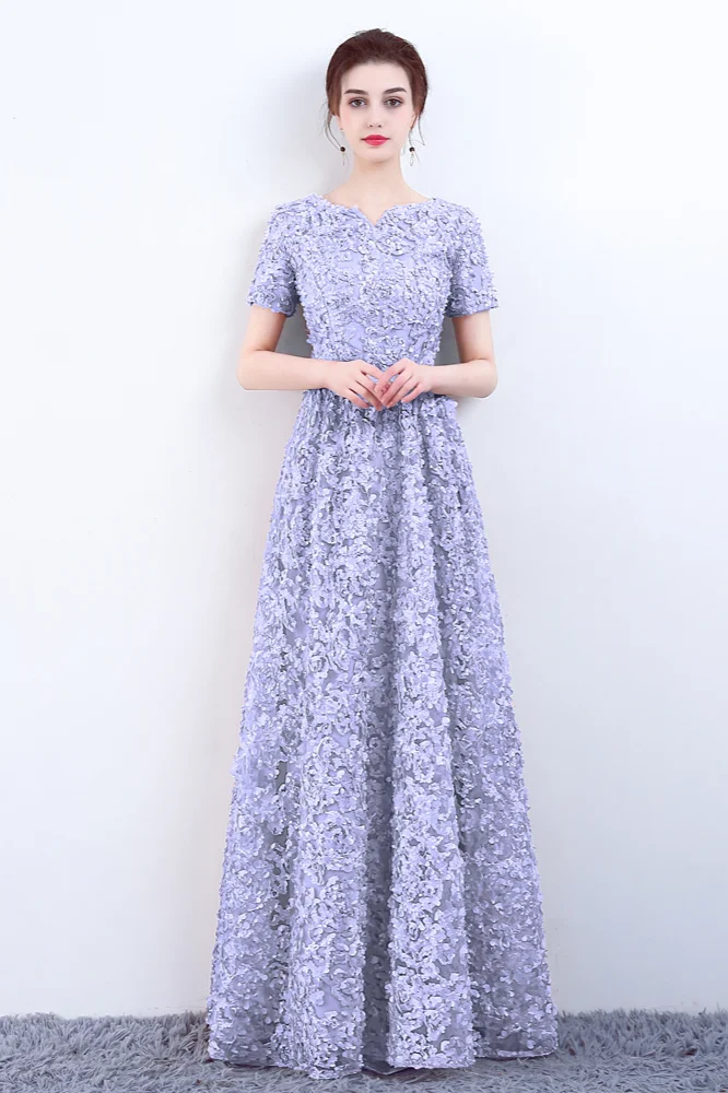 Elegant Short Or Long Sleeves Lace Evening Gowns Online Zipper Back With Belt
