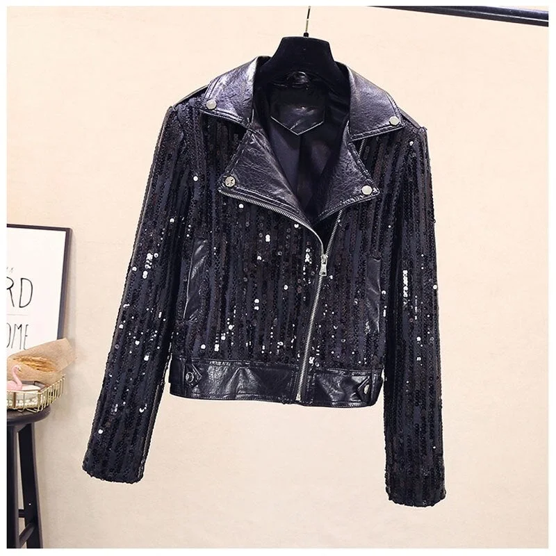 Autumn and winter new 2020 slim and versatile sequins stitching washed PU leather women's short Motorcycle Jacket
