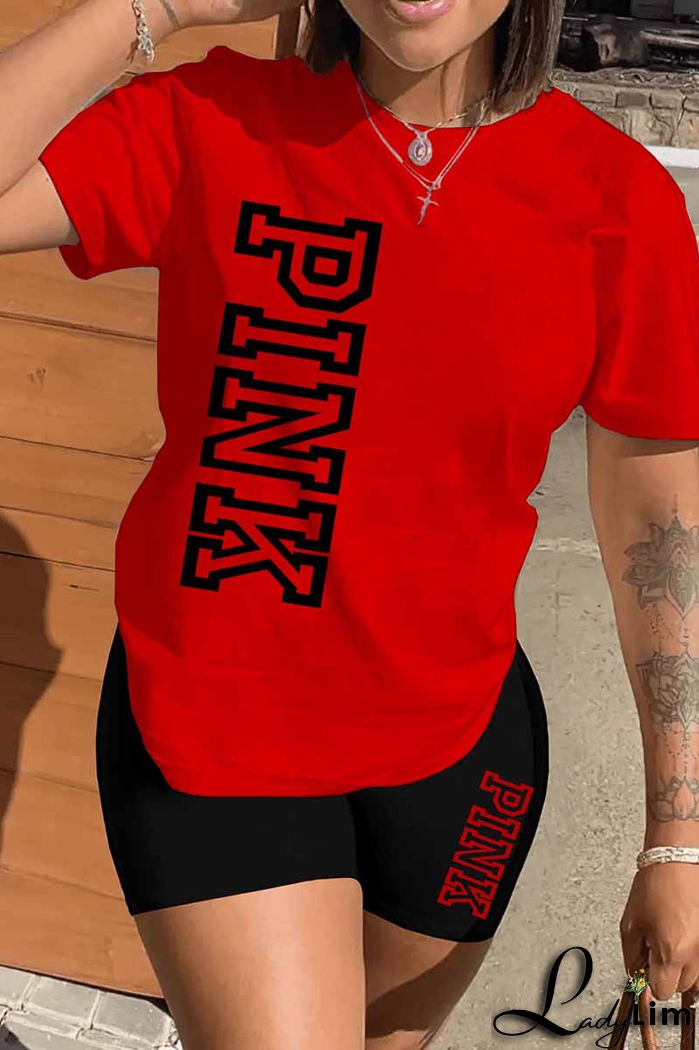 Black Casual Print Letter O Neck Short Sleeve Two Pieces