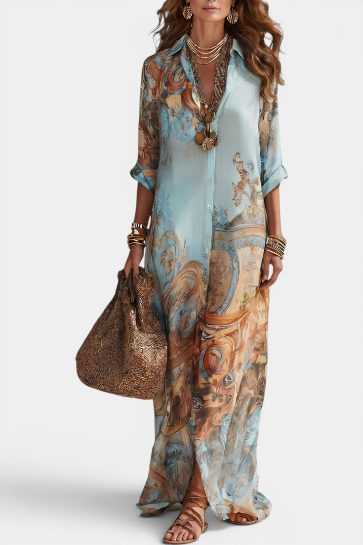 Baroque Print Maxi Shirt Dress with Deep V-Neck