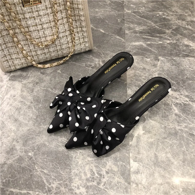 2021 Spring Pointed Toe Stiletto Heel Kitten Heels Bow Heel-Free Slippers for Women