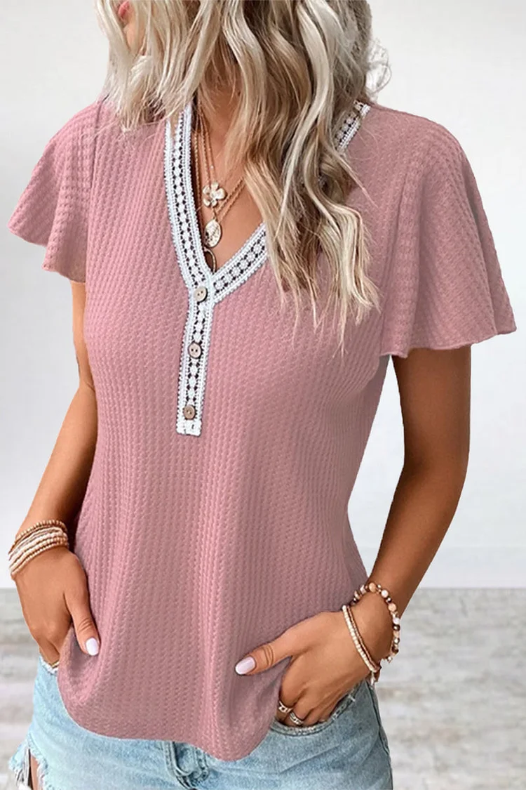 Casual Solid Patchwork V Neck T-Shirts(7 Colors)