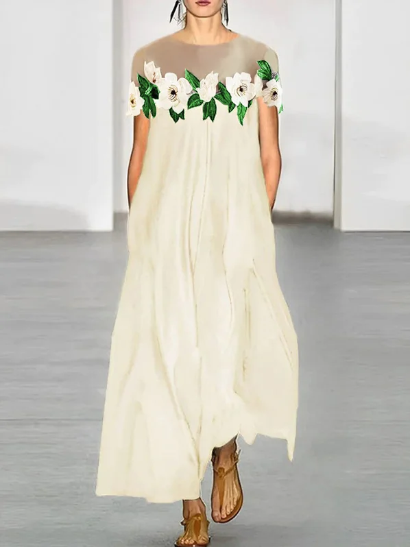 Loose Short Sleeves Flower-Embellished Split-Joint Round-Neck Maxi Dresses