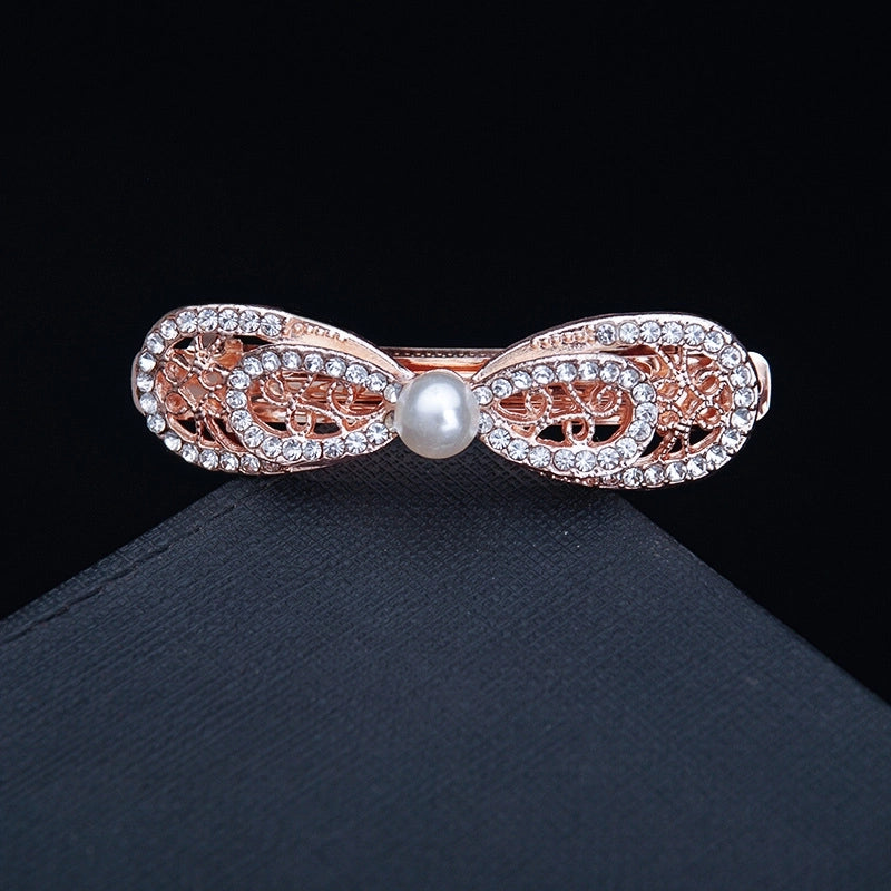 Korean Hair Accessories Rhinestone Bow Simple Hairpin Adult Pearl Horizontal Clip Ponytail Clip Top Clip Spring Clip Small
