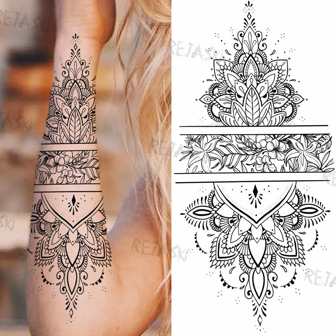 Mandala Flowers Temporary Tattoo For Women Black Henna Mehndi Tattoos Sticker Rose Lace Owl Fake Jewelry Tatoos Body Chest Back