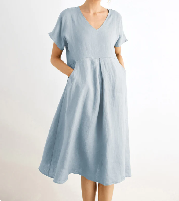 Women's V-neck short-sleeved pure cotton solid color cotton and linen waist summer dress socialshop