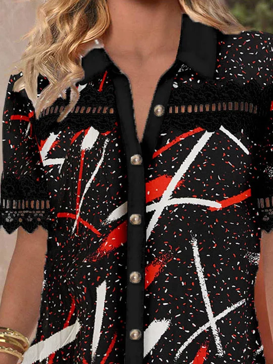Women Short Sleeve V-neck Polka Dot Printed Graphic Lace Hollow Stitching Button Tops