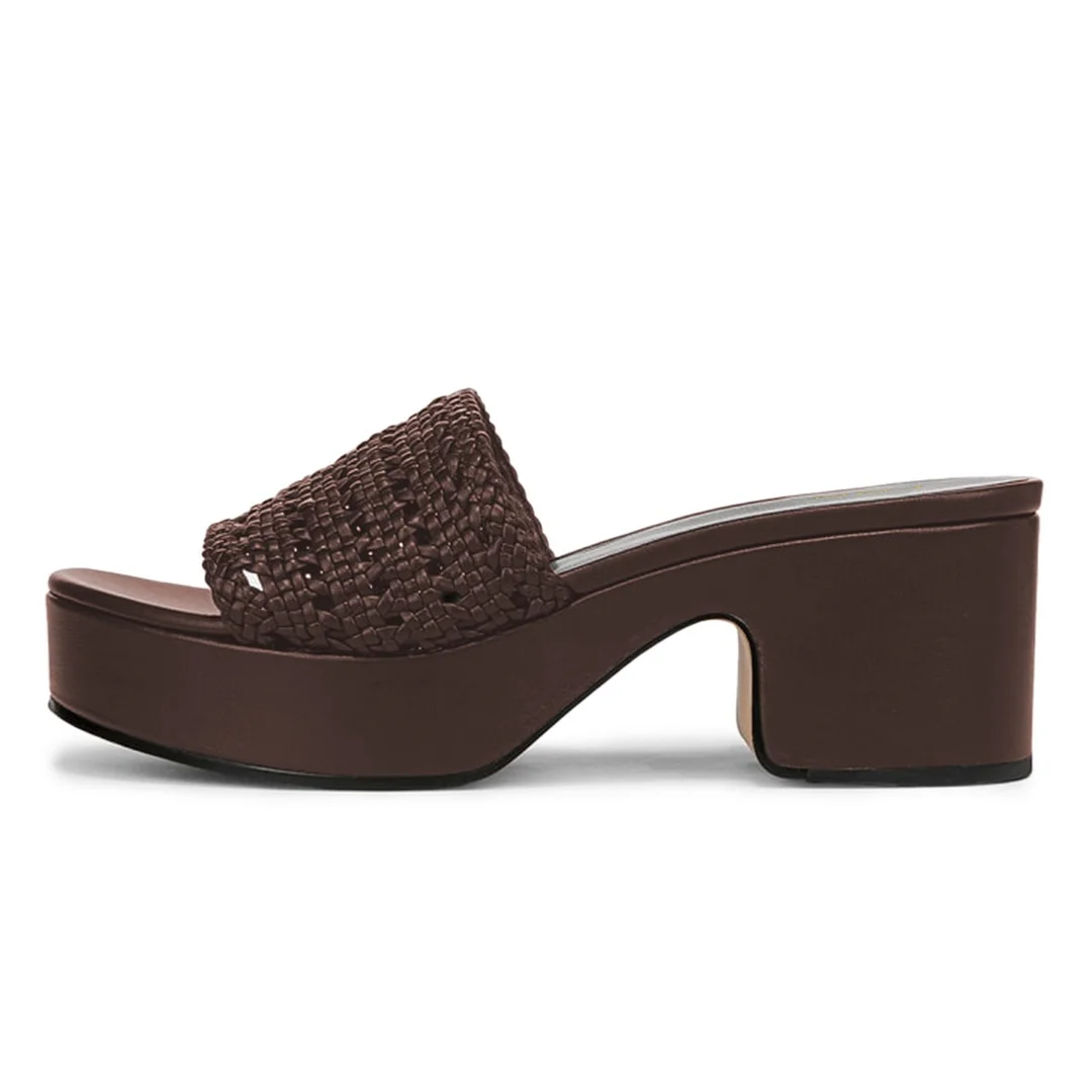 Brown Woven Detail Open Round Toe Block Heel Platform Slide Sandals