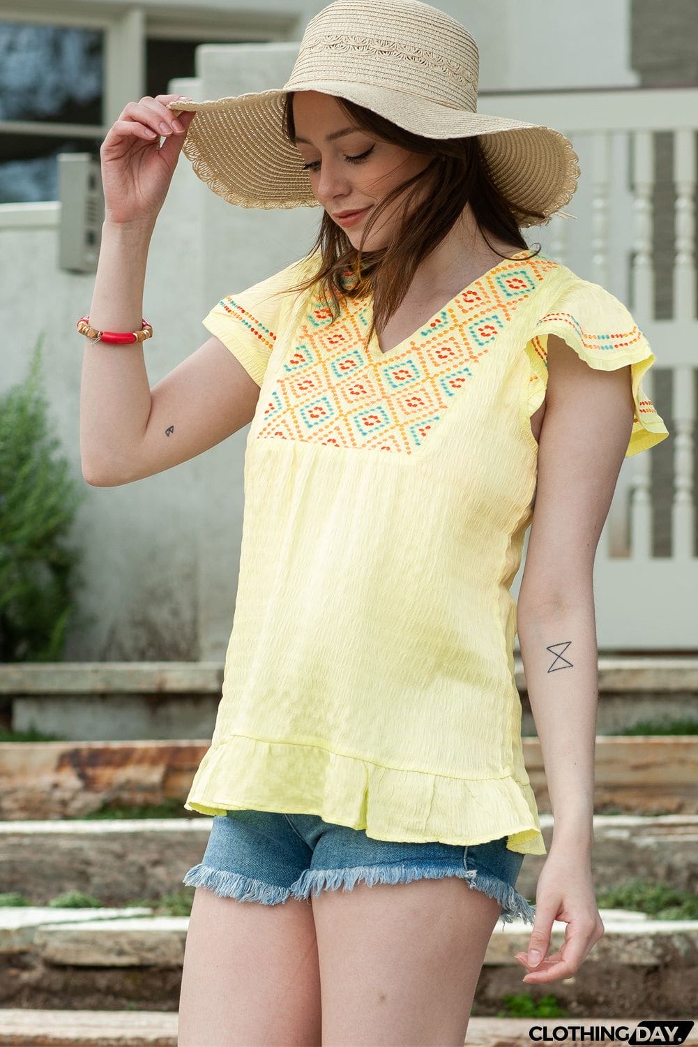 Embroidered V-Neck Ruffle Hem Top