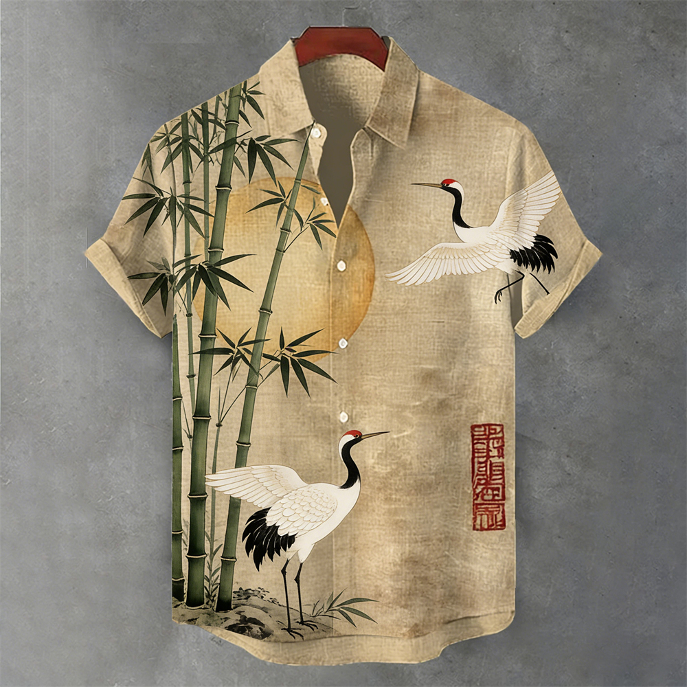 Vintage Bamboo Crane Pattern Men's Linen Short Sleeve Shirt  artssus