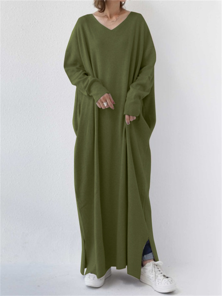 Women's Plus Size Casual Dress Solid Color V Neck Long Sleeve Winter Fall Basic Casual Maxi long Dress Daily Vacation Dress
