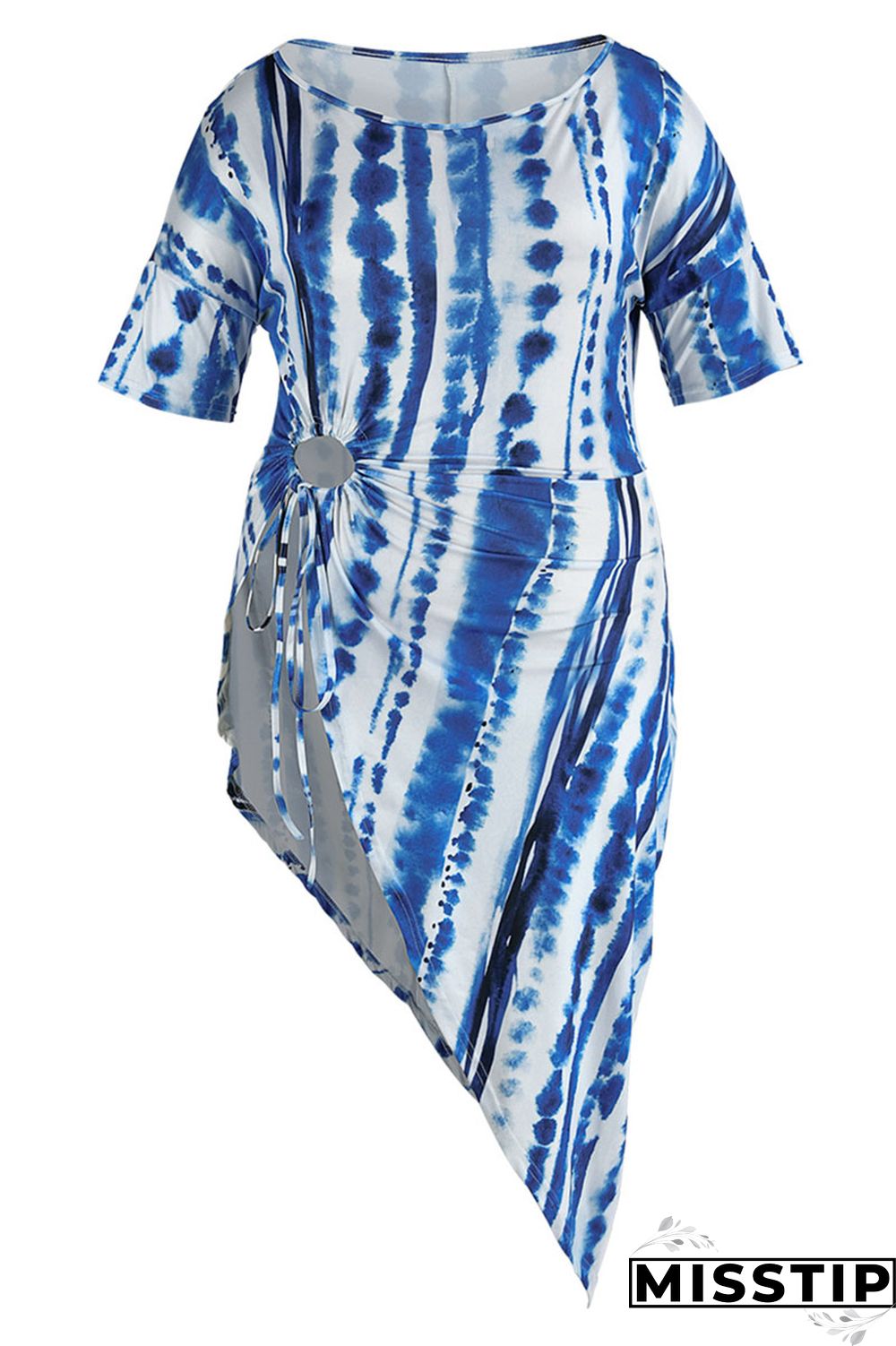 Blue Fashion Casual Print Bandage Asymmetrical O Neck Plus Size Tops