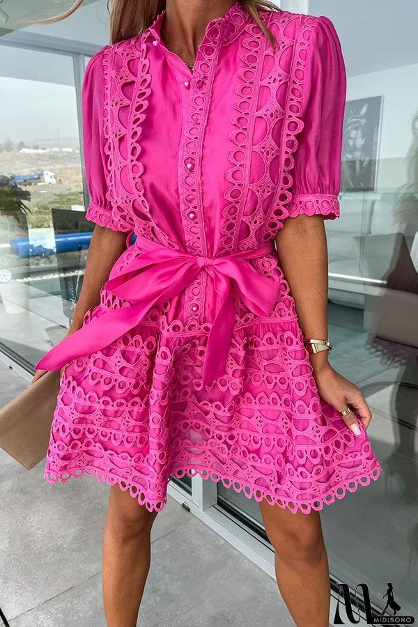 MidiSono - Crush on You Crochet Lace Bow Belt Mini Dress