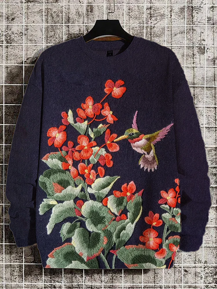 Men's Hummingbird Floral Embroidery Print Casual Sweatshirt