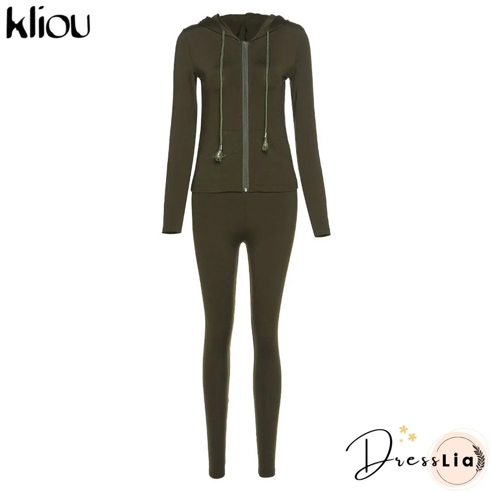 Kliou Autumn Two Piece Set Women Long Sleeve Hooded Zipper Pocket Sporty Jackets+Leggings Matching Sets Workout Stretchy Outfits
