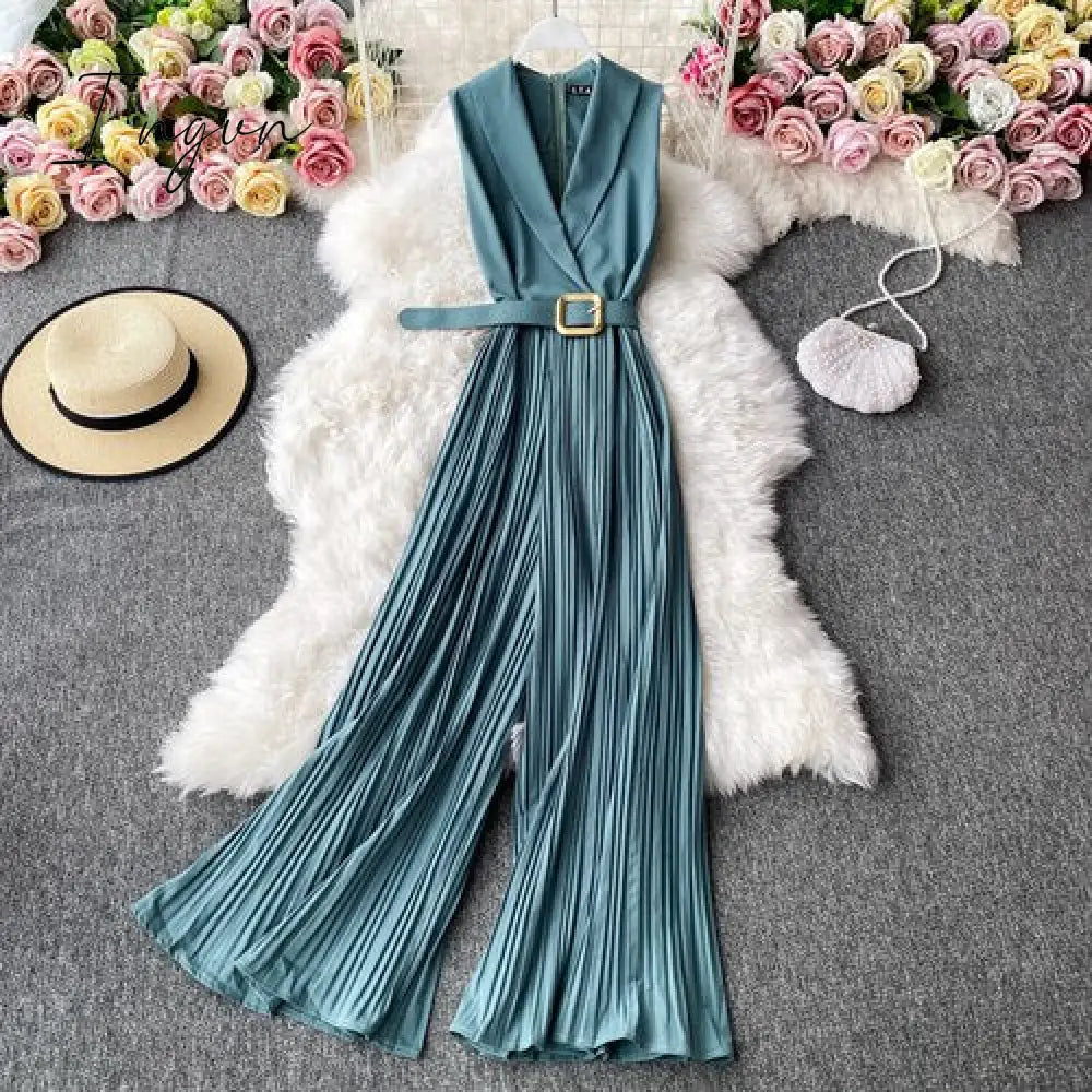 Ingvn - Vintage Notched Collar Draped Rompers For Women Casual Sleeveless High Waist Wide Leg