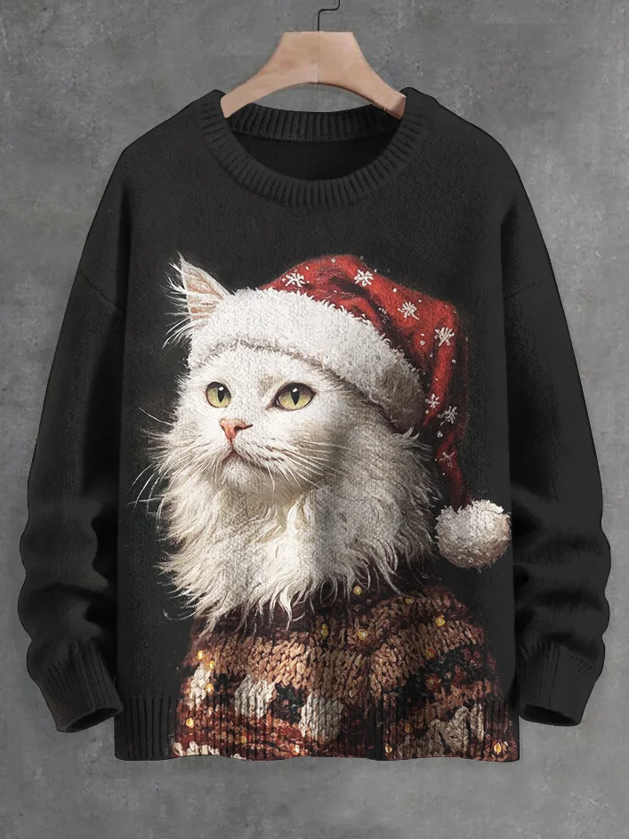 Men's White Cat In Christmas Hat Print Knit Sweatshirt