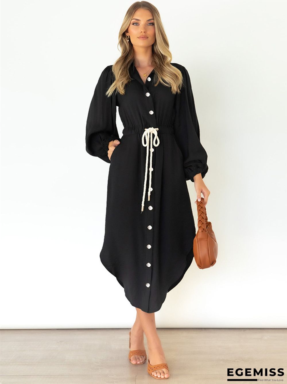 Long Sleeve Temperament Medium Long Tie Waist Shirt Dress | EGEMISS