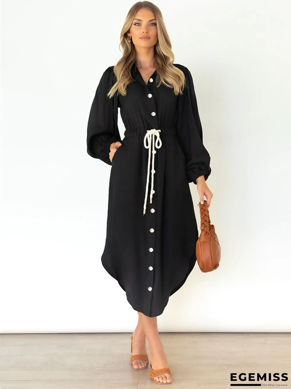 Long Sleeve Temperament Medium Long Tie Waist Shirt Dress | EGEMISS