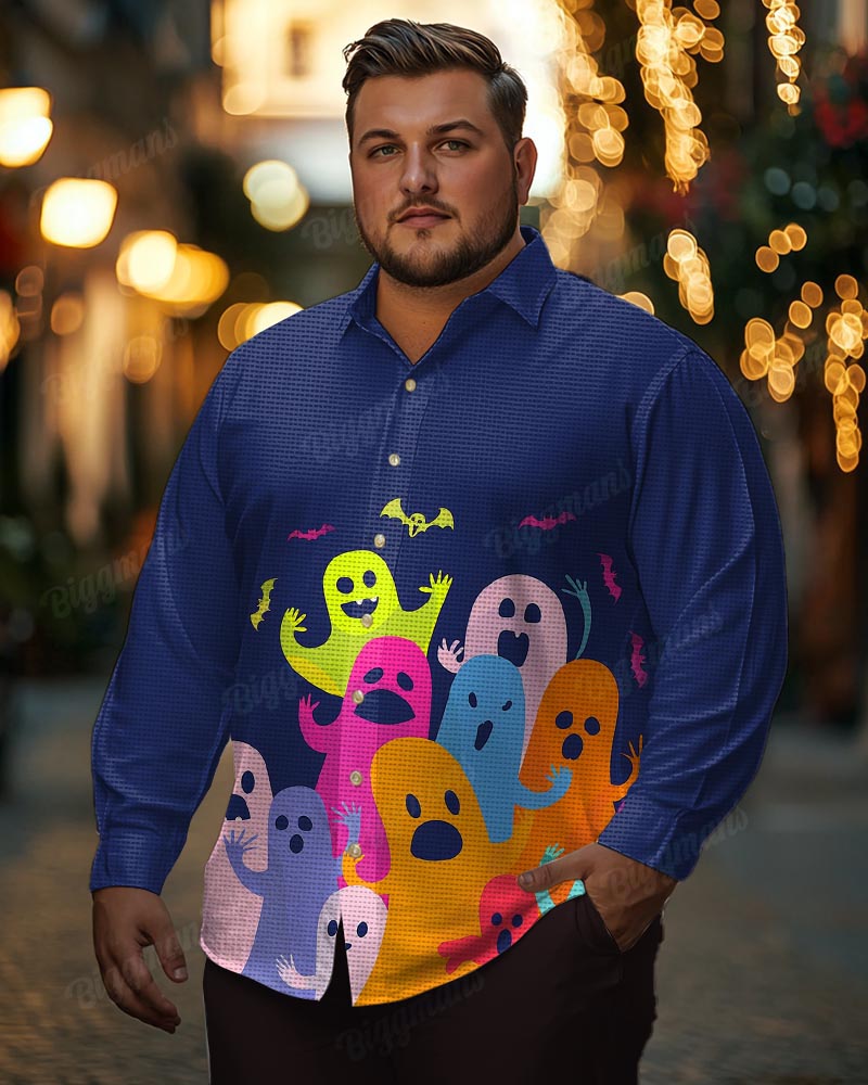 Men's Plus Size Cartoon Colorful Ghost Print Waffle Lapel Long Sleeve Shirt