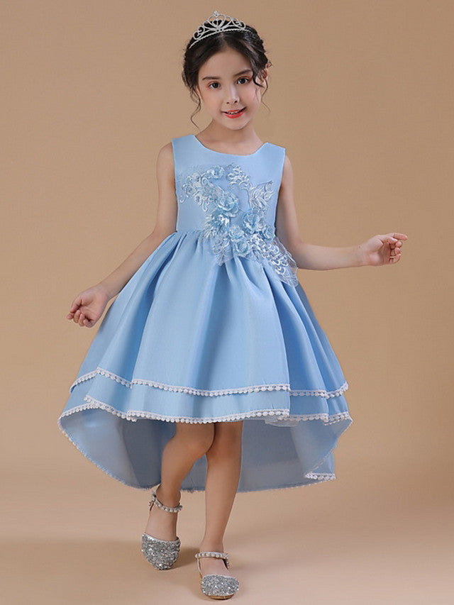Oknass  Sleeveless Jewel Neck A-Line Asymmetrical Flower Girl Dress Satin Chiffon With Bow Appliques