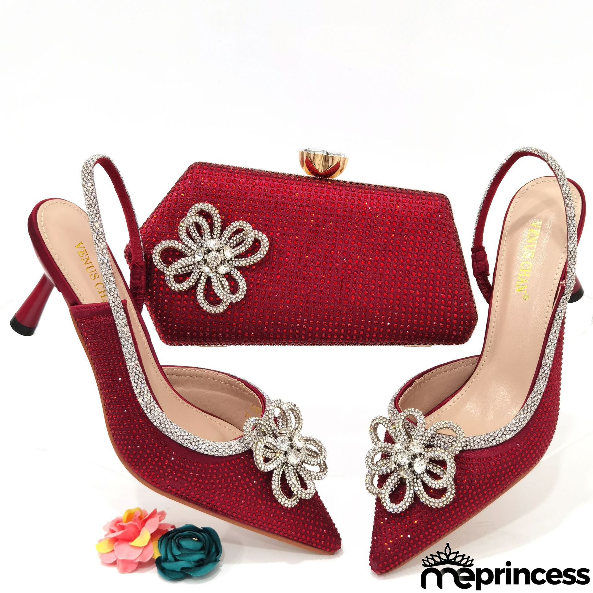 Women Fashion Pointed Toe Floral Rhinestone Sandals With Floral Evening Bag Set