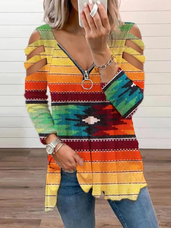 Western Multicolor Cutout Shoulder Zip T Shirt