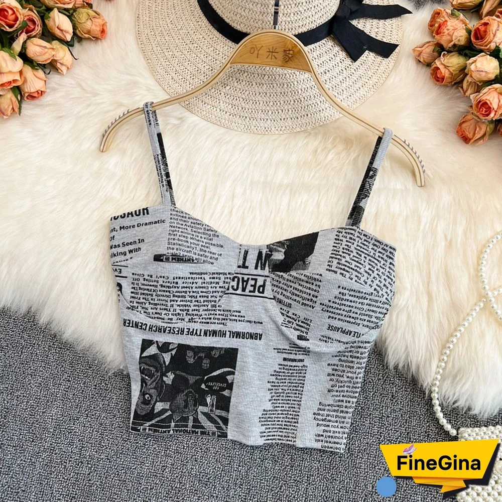 Women Push Up Camisole With Bra Sexy Top Women Suspender Tank Fashion Printed Newspaper Camis Female Soft Sleeveless Top