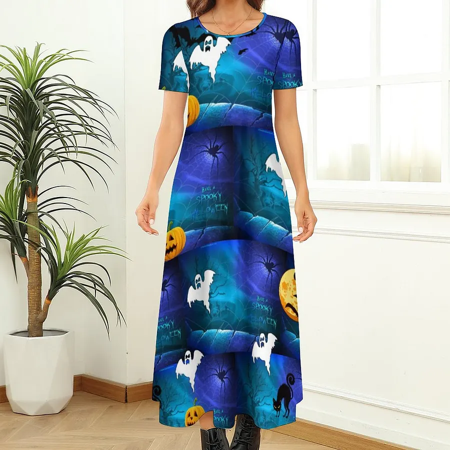Spooky Halloween Bats Running Summer Hawaiian Boho Long Dress Women Plus Size Vintage Print Loose Flowy Maxi Dresses Halloween-2XS