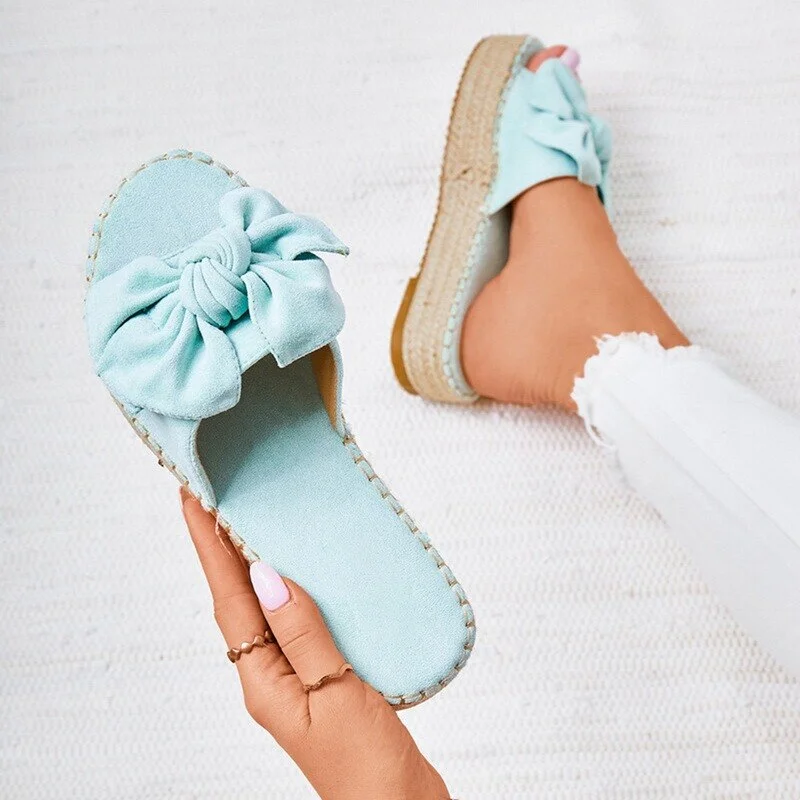 2021Sandals For Women  Women Bowknot Slippers Summer Casual Beach Muffin Slip On Platform Ladies Sandals Dress Party Peep Toe
